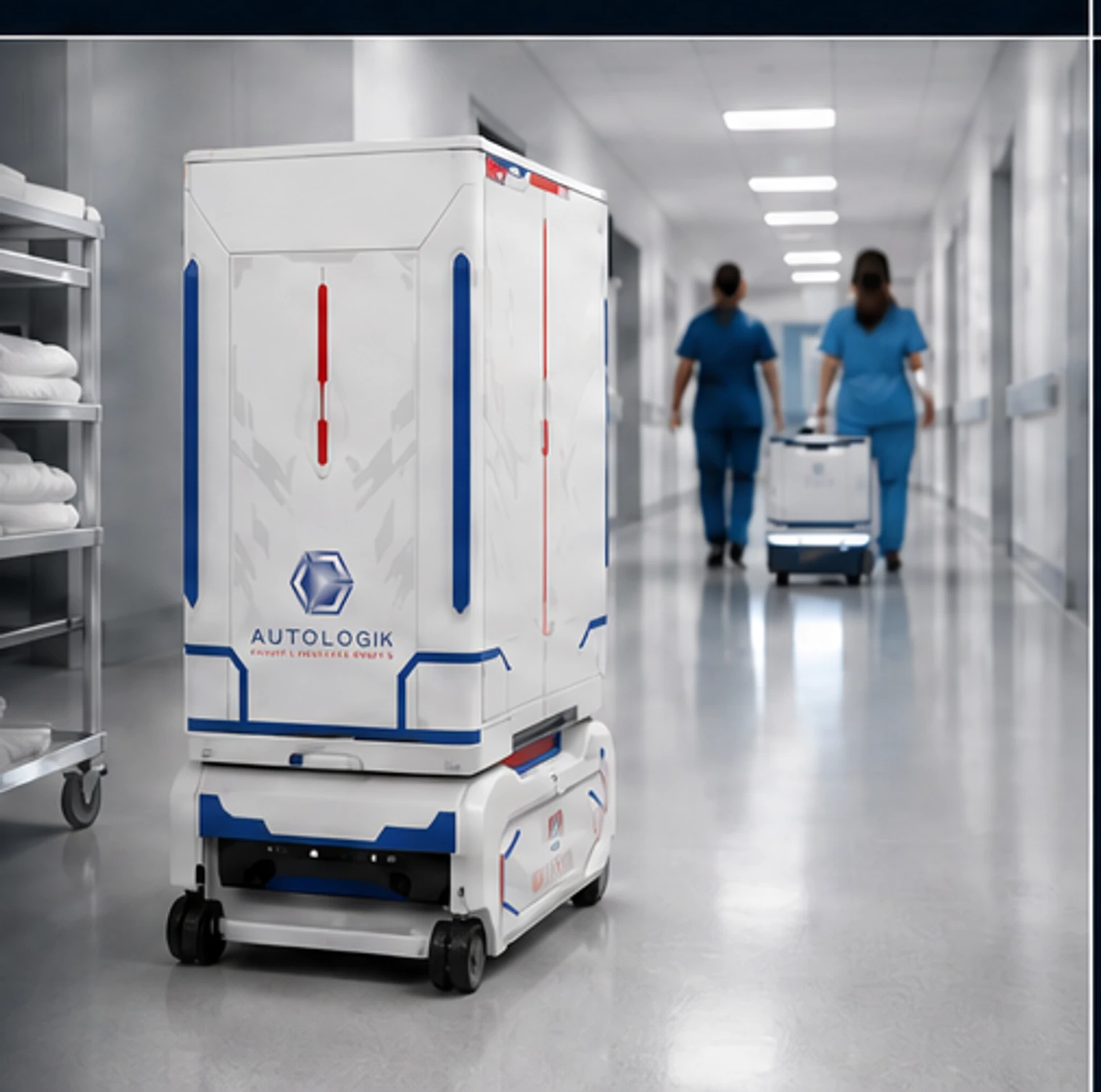 An AutoLogik hospital logistics robot in a clinical corridor